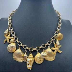 Vintage Chunky Gold Tone Seashell Charm Necklace on Chunky Gold Chain